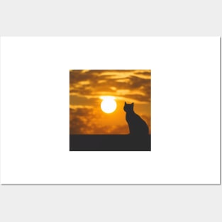 Black Cat Watching Sunset Posters and Art